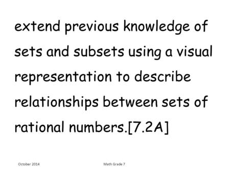 Extend previous knowledge of sets and subsets using a visual representation to describe relationships between sets of rational numbers.[7.2A] October 2014Math.