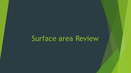 Surface area Review. Example CUBE Area of one face: 5² = 25 SA= (6)(25) SA= 150 m² Find the Surface Area.