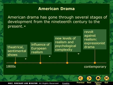 American Drama American drama has gone through several stages of development from the nineteenth century to the present. revolt against realism: expressionist.