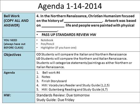 Agenda 1-14-2014 1 Bell Work (COPY ALL AND ANSWER) 4. In the Northern Renaissance, Christian Humanism focused on the history of ____________________. Artwork.