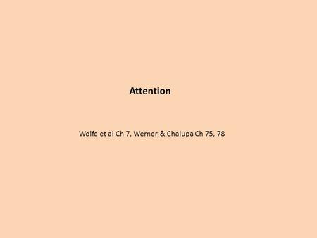 Attention Wolfe et al Ch 7, Werner & Chalupa Ch 75, 78.