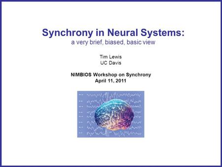 Synchrony in Neural Systems: a very brief, biased, basic view Tim Lewis UC Davis NIMBIOS Workshop on Synchrony April 11, 2011.