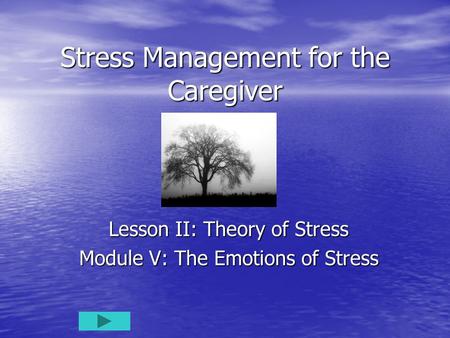 Stress Management for the Caregiver Lesson II: Theory of Stress Module V: The Emotions of Stress.