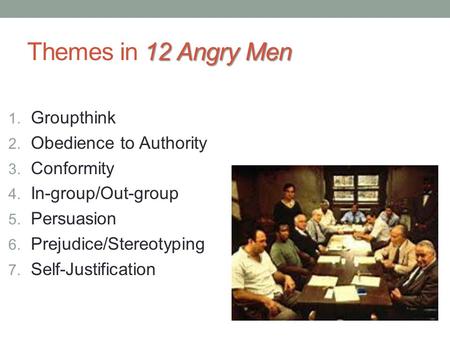 Themes in 12 Angry Men Groupthink Obedience to Authority Conformity