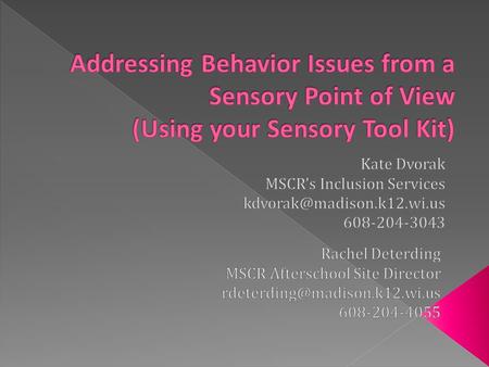  Sensory Integration – how we take in sensory information  Accommodations for sensory needs  Sensory differences are different for every person  Why.