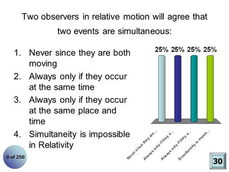 Two observers in relative motion will agree that two events are simultaneous: 1.Never since they are both moving 2.Always only if they occur at the same.