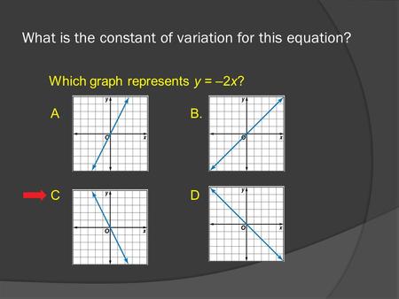 Which graph represents y = –2x? A.B. C.D. What is the constant of variation for this equation?