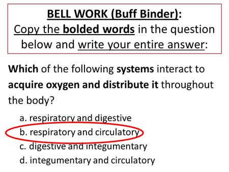 BELL WORK (Buff Binder): Copy the bolded words in the question below and write your entire answer: Which of the following systems interact to acquire oxygen.