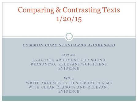 COMMON CORE STANDARDS ADDRESSED RI7.8: EVALUATE ARGUMENT FOR SOUND REASONING, RELEVANT/SUFFICIENT EVIDENCE W7.1 WRITE ARGUMENTS TO SUPPORT CLAIMS WITH.