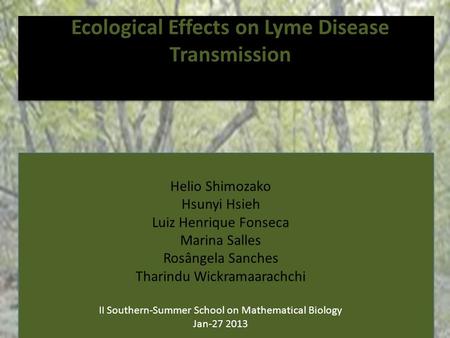 Ecological Effects on Lyme Disease Transmission Helio Shimozako Hsunyi Hsieh Luiz Henrique Fonseca Marina Salles Rosângela Sanches Tharindu Wickramaarachchi.