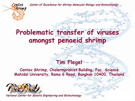 Problematic transfer of viruses amongst penaeid shrimp Center of Excellence for Shrimp Molecular Biology and Biotechnology National Center for Genetic.