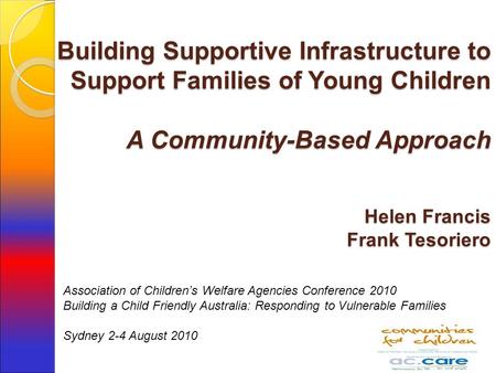 Building Supportive Infrastructure to Support Families of Young Children A Community-Based Approach Helen Francis Frank Tesoriero Association of Children’s.