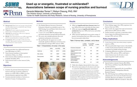 Used up or energetic, frustrated or exhilarated? Associations between scope of nursing practice and burnout Gerardo Melendez-Torres 1,2 ; Robyn Cheung,