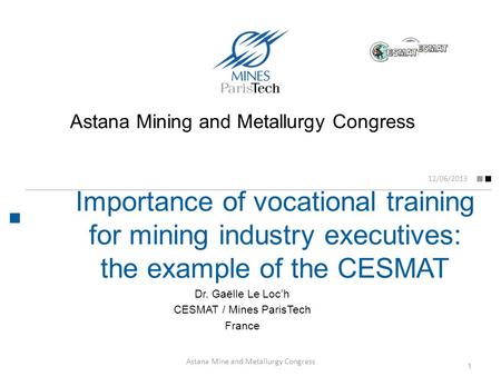 Importance of vocational training for mining industry executives: the example of the CESMAT 12/06/2013 Dr. Gaëlle Le Loc’h CESMAT / Mines ParisTech France.