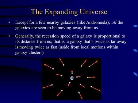 The Expanding Universe Except for a few nearby galaxies (like Andromeda), all the galaxies are seen to be moving away from us Generally, the recession.