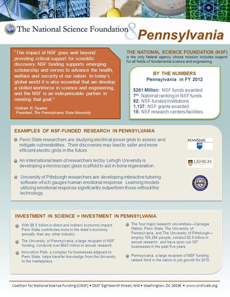 BY THE NUMBERS Pennsylvania in FY 2012 $261 Million: NSF funds awarded 7 th : National ranking in NSF funds 82: NSF-funded institutions 1,137: NSF grants.
