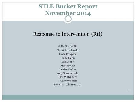 STLE Bucket Report November 2014 Response to Intervention (RtI) Julie Biondolillo Tina Chmielewski Linda Congdon Kelly Hahn Sue Lohret Matt Motala Debbie.