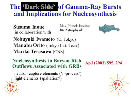 ‘Dark Side’ The ‘Dark Side’ of Gamma-Ray Bursts and Implications for Nucleosynthesis neutron capture elements (‘n-process’) light elements (spallation?)