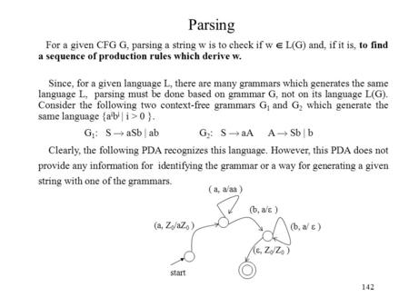 142 Parsing start (a, Z 0 /aZ 0 ) ( a, a/aa ) (b, a/  ) ( , Z 0 /Z 0 ) For a given CFG G, parsing a string w is to check if w  L(G) and, if it is,
