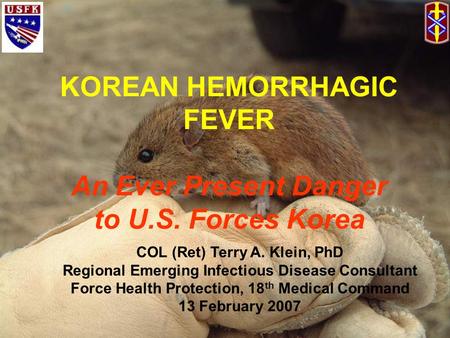 KOREAN HEMORRHAGIC FEVER An Ever Present Danger to U.S. Forces Korea COL (Ret) Terry A. Klein, PhD Regional Emerging Infectious Disease Consultant Force.