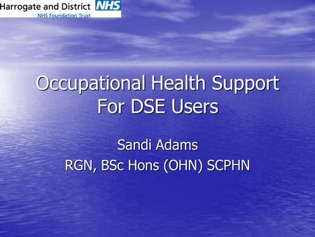 Occupational Health Support For DSE Users Sandi Adams RGN, BSc Hons (OHN) SCPHN.