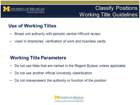 Use of Working Titles Broad unit authority with periodic central HR/unit review Used in directories, verification of work and business cards Working Title.