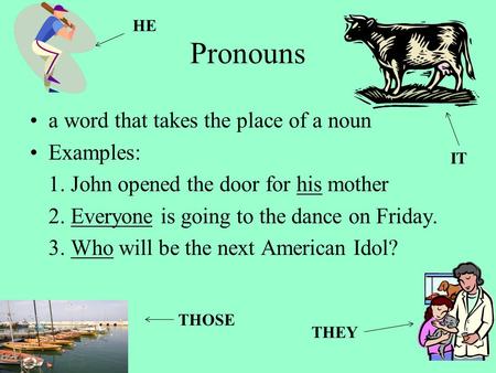 Pronouns a word that takes the place of a noun Examples: 1. John opened the door for his mother 2. Everyone is going to the dance on Friday. 3. Who will.