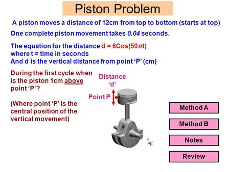 A piston moves a distance of 12cm from top to bottom (starts at top) One complete piston movement takes 0.04 seconds. Piston Problem The equation for the.