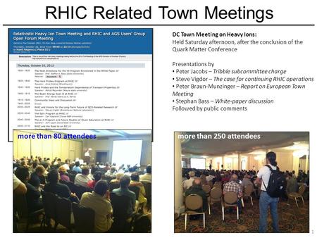 RHIC Related Town Meetings 1 DC Town Meeting on Heavy Ions: Held Saturday afternoon, after the conclusion of the Quark Matter Conference Presentations.