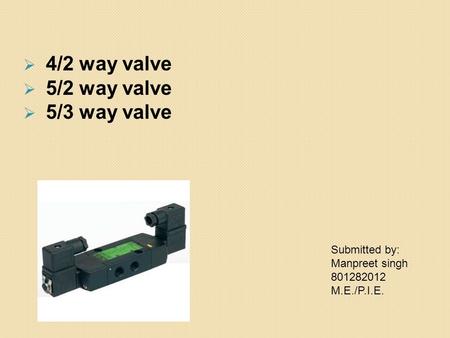  4/2 way valve  5/2 way valve  5/3 way valve Submitted by: Manpreet singh 801282012 M.E./P.I.E.