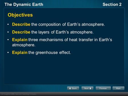 Objectives Describe the composition of Earth’s atmosphere.