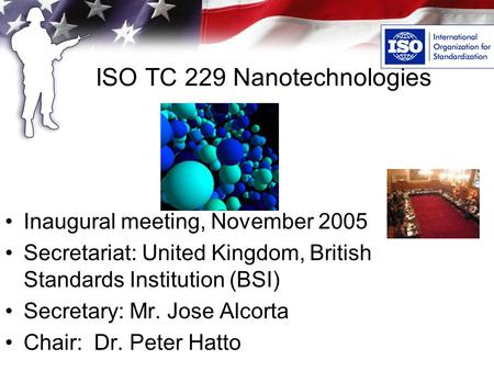 ISO TC 229 Nanotechnologies Inaugural meeting, November 2005 Secretariat: United Kingdom, British Standards Institution (BSI) Secretary: Mr. Jose Alcorta.