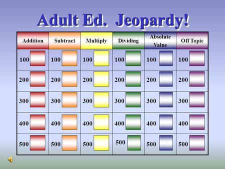 Adult Ed. Jeopardy! AdditionSubtractMultiplyDividing Absolute Value Off Topic 100 200 300 400 500 300 400 500 200 100.