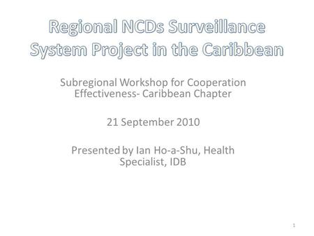 Subregional Workshop for Cooperation Effectiveness- Caribbean Chapter 21 September 2010 Presented by Ian Ho-a-Shu, Health Specialist, IDB 1.