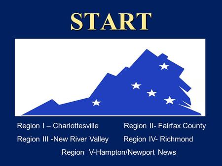 START Region I – Charlottesville Region II- Fairfax County Region III -New River Valley Region IV- Richmond Region V-Hampton/Newport News.