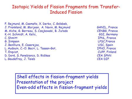 Isotopic Yields of Fission Fragments from Transfer- Induced Fission F. Rejmund, M. Caama ñ o, X. Derkx, C. Golabek, J. Frankland, M. Morjean, A. Navin,