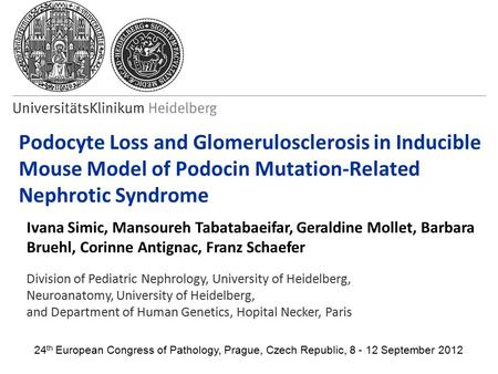 Podocyte Loss and Glomerulosclerosis in Inducible Mouse Model of Podocin Mutation-Related Nephrotic Syndrome Ivana Simic, Mansoureh Tabatabaeifar, Geraldine.