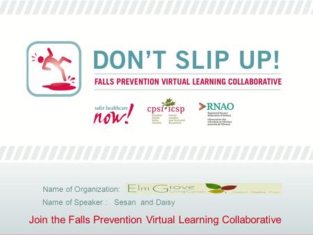 Join the Falls Prevention Virtual Learning Collaborative Name of Organization: Name of Speaker : Sesan and Daisy.