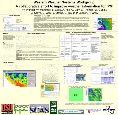 Western Weather Systems Workgroup: A collaborative effort to improve weather information for IPM. W. Pfender, W. Mahaffee, L. Coop, A. Fox, C. Daly, C.