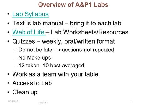 Overview of A&P1 Labs Lab Syllabus Text is lab manual – bring it to each lab Web of Life – Lab Worksheets/ResourcesWeb of Life Quizzes – weekly, oral/written.