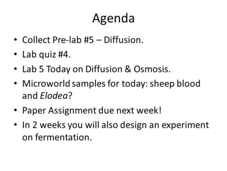 Agenda Collect Pre-lab #5 – Diffusion. Lab quiz #4.