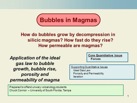 Bubbles in Magmas How do bubbles grow by decompression in silicic magmas? How fast do they rise? How permeable are magmas? Core Quantitative Issue Forces.