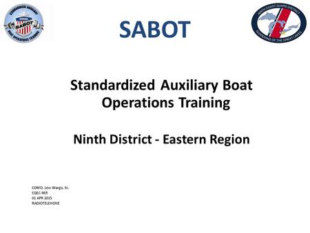 SABOT Standardized Auxiliary Boat Operations Training Ninth District - Eastern Region COMO. Lew Wargo, Sr. CQEC-9ER 01 APR 2015 RADIOTELEHONE.