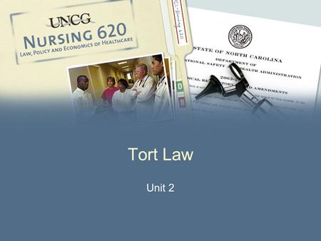 Unit 2 Tort Law. 2 Negligence l Conduct lacking in due care l Carelessness l Deviation from standard of care that a reasonable person would use in a particular.