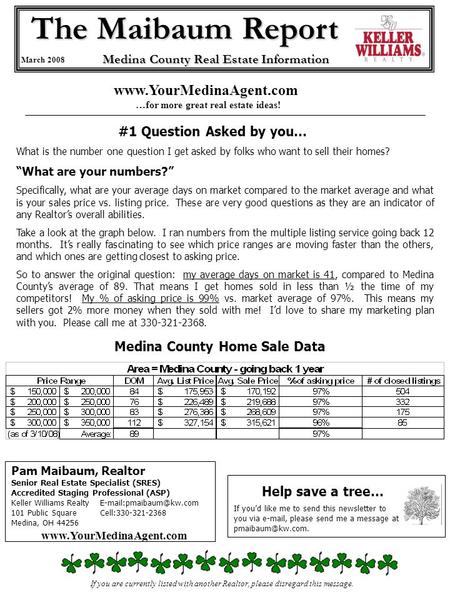 The Maibaum Report March 2008 Medina County Real Estate Information Pam Maibaum, Realtor Senior Real Estate Specialist (SRES) Accredited Staging Professional.