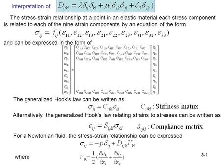 8-1 Interpretation of The stress-strain relationship at a point in an elastic material each stress component is related to each of the nine strain components.