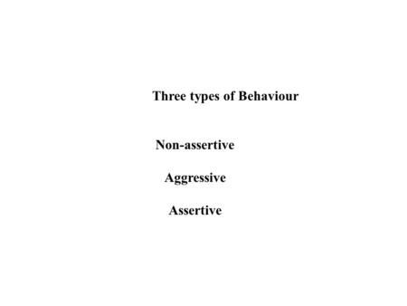 Three types of Behaviour Non-assertive Aggressive Assertive.