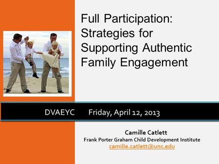 Camille Catlett Frank Porter Graham Child Development Institute DVAEYCFriday, April 12, 2013 Full Participation: Strategies for.