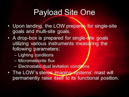 Payload Site One Upon landing, the LOW prepares for single-site goals and multi-site goals. A drop-box is prepared for single-site goals utilizing various.