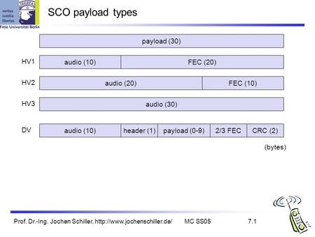 Prof. Dr.-Ing. Jochen Schiller,  SS057.1 SCO payload types payload (30) audio (30) audio (10) HV3 HV2 HV1 DV FEC (20) audio.